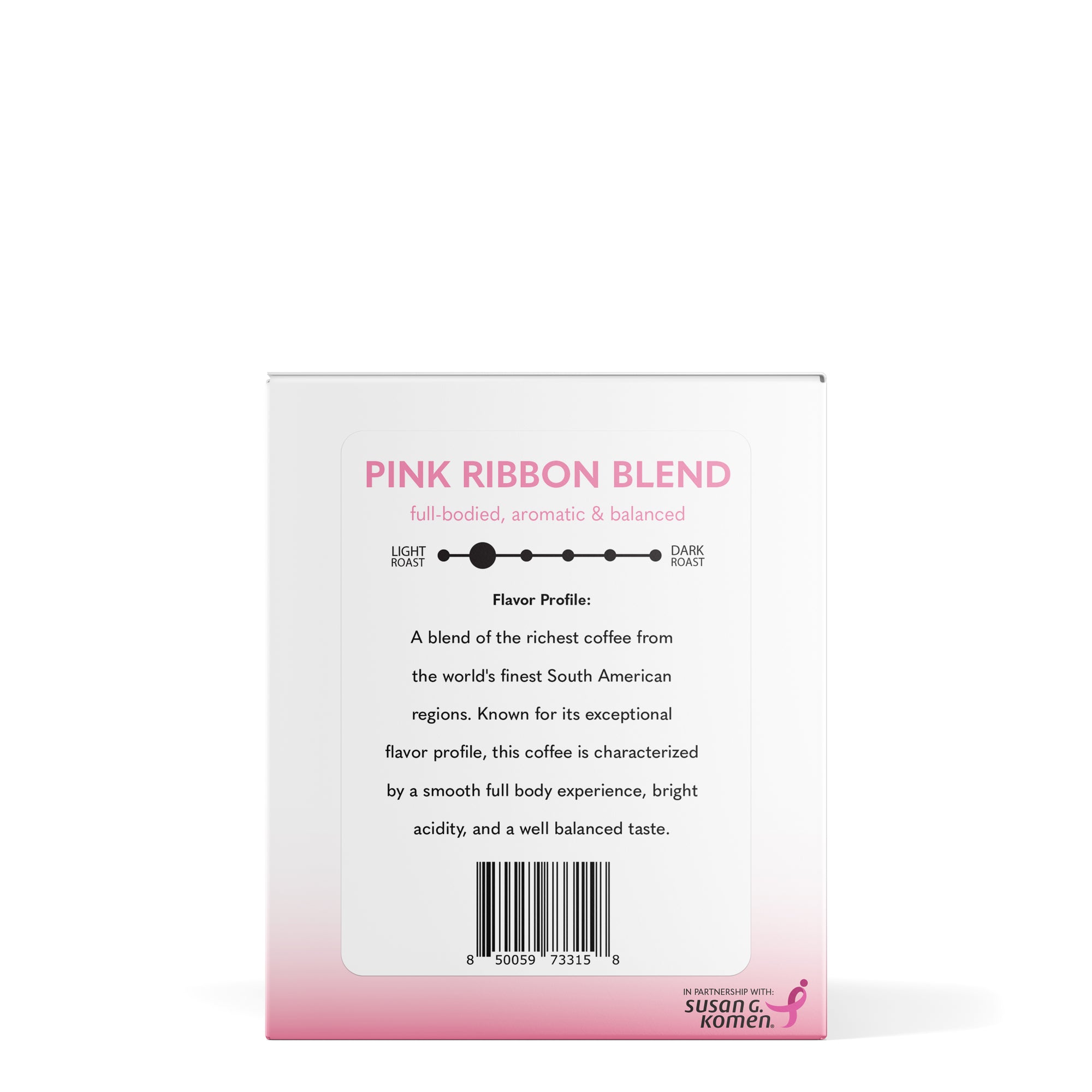 Side view of box of B-Cups Coffee K-Cup pods in Pink Ribbon Blend flavour, with proceeds going to breast cancer awareness through the Susan G. Komen foundation