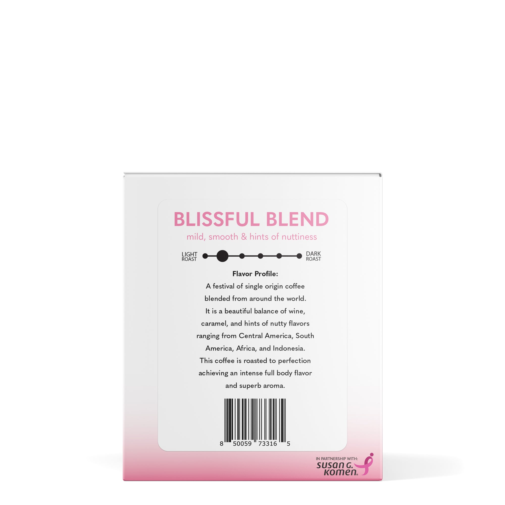 Left side view of box of B-Cups Coffee K-Cup pods in Blissful Blend flavour, with proceeds going to breast cancer awareness through the Susan G. Komen foundation