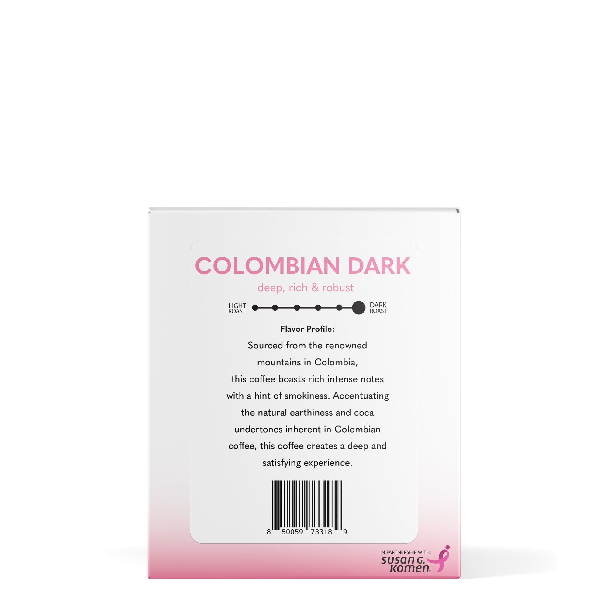 Left side view of box of B-Cups Coffee K-Cup pods in Colombian Dark flavour, with proceeds going to breast cancer awareness through the Susan G. Komen foundation