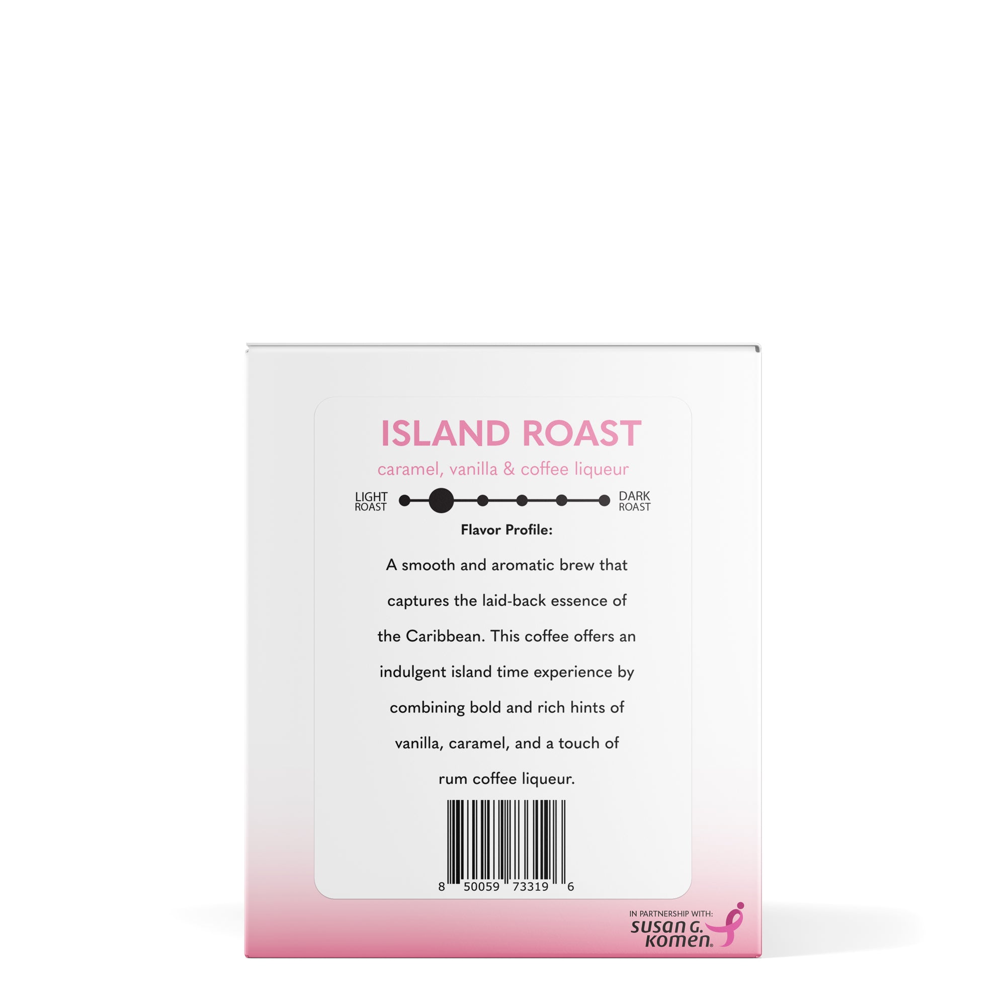 Left side view of box of B-Cups Coffee K-Cup pods in Island Roast flavour, with proceeds going to breast cancer awareness through the Susan G. Komen foundation
