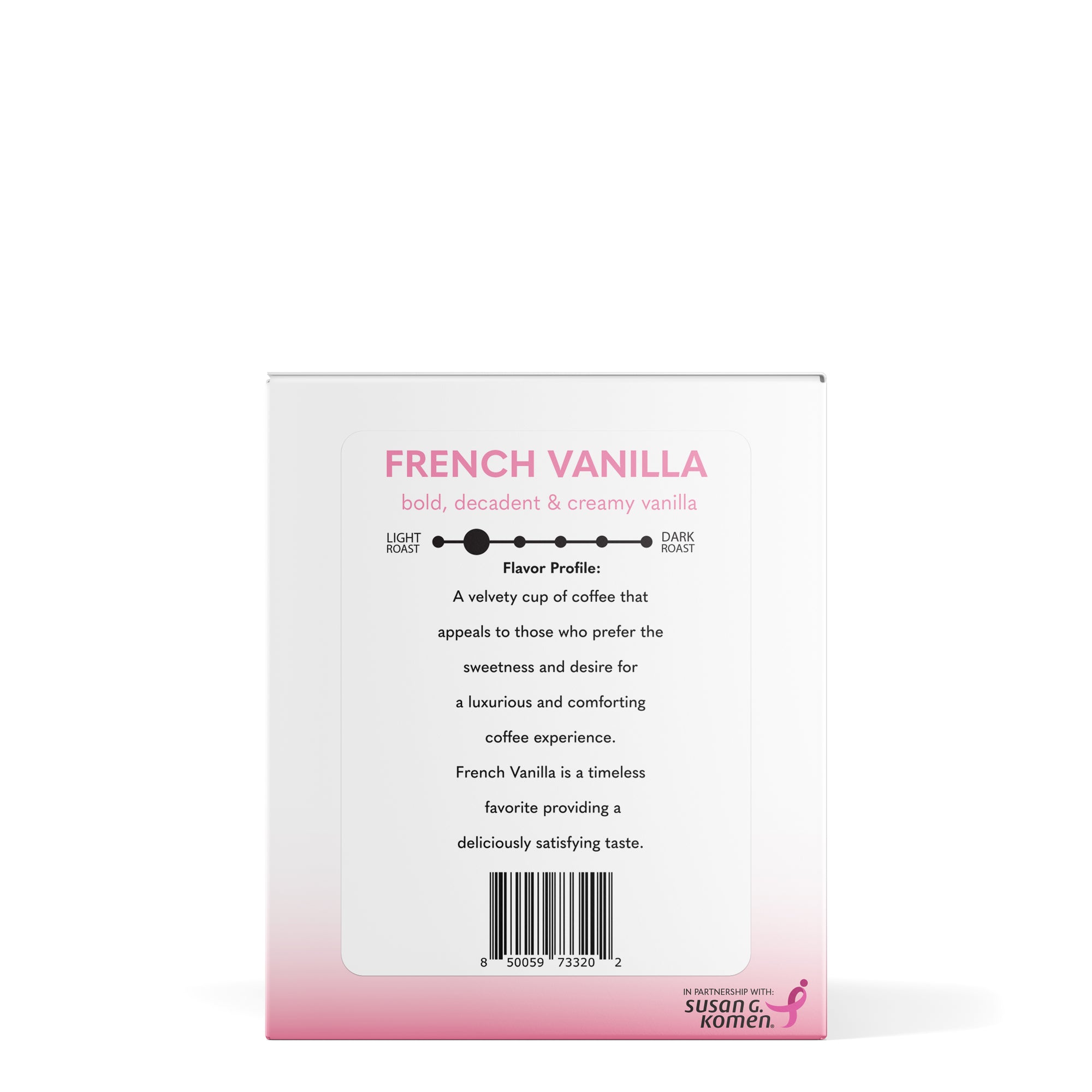 Left side view of box of B-Cups Coffee K-Cup pods in French Vanilla flavour, with proceeds going to breast cancer awareness through the Susan G. Komen foundation