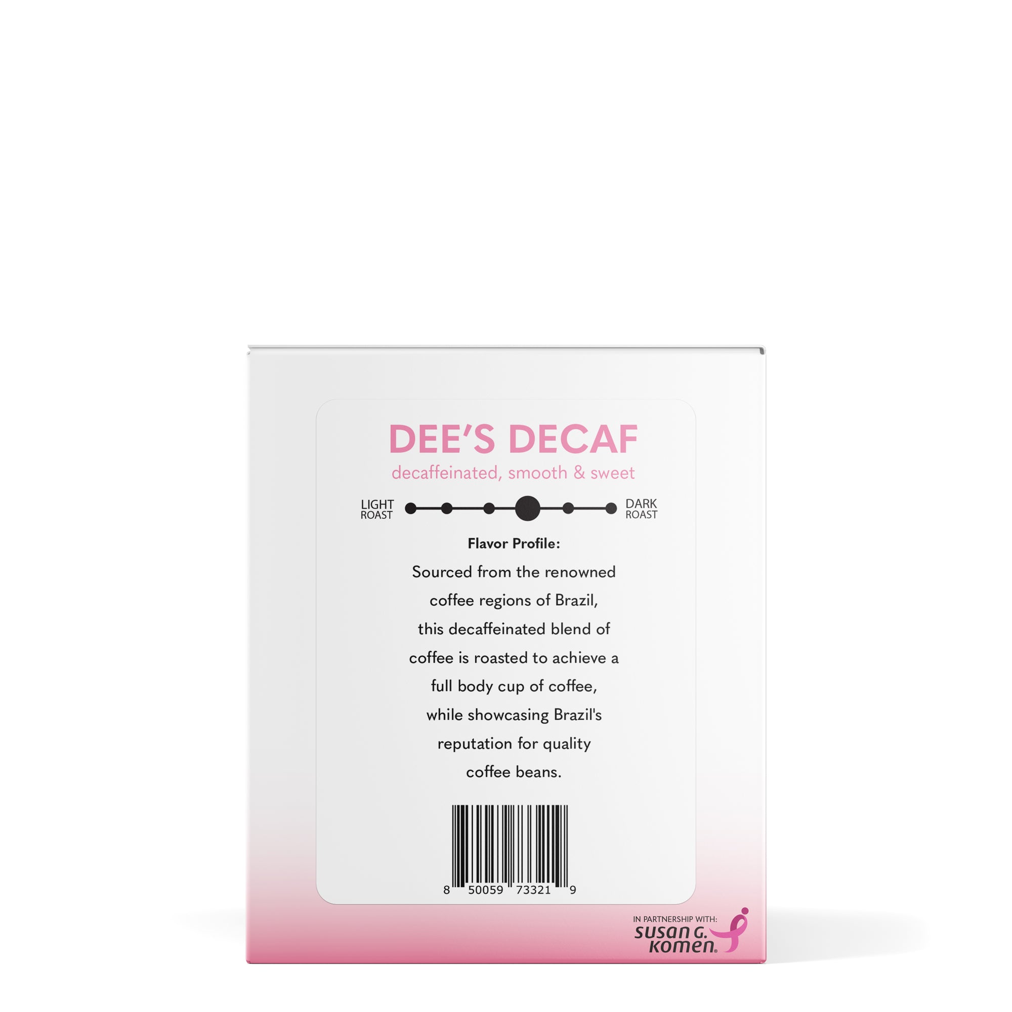 Left side view of box of B-Cups Coffee K-Cup pods in Dee's Decaf flavour, with proceeds going to breast cancer awareness through the Susan G. Komen foundation
