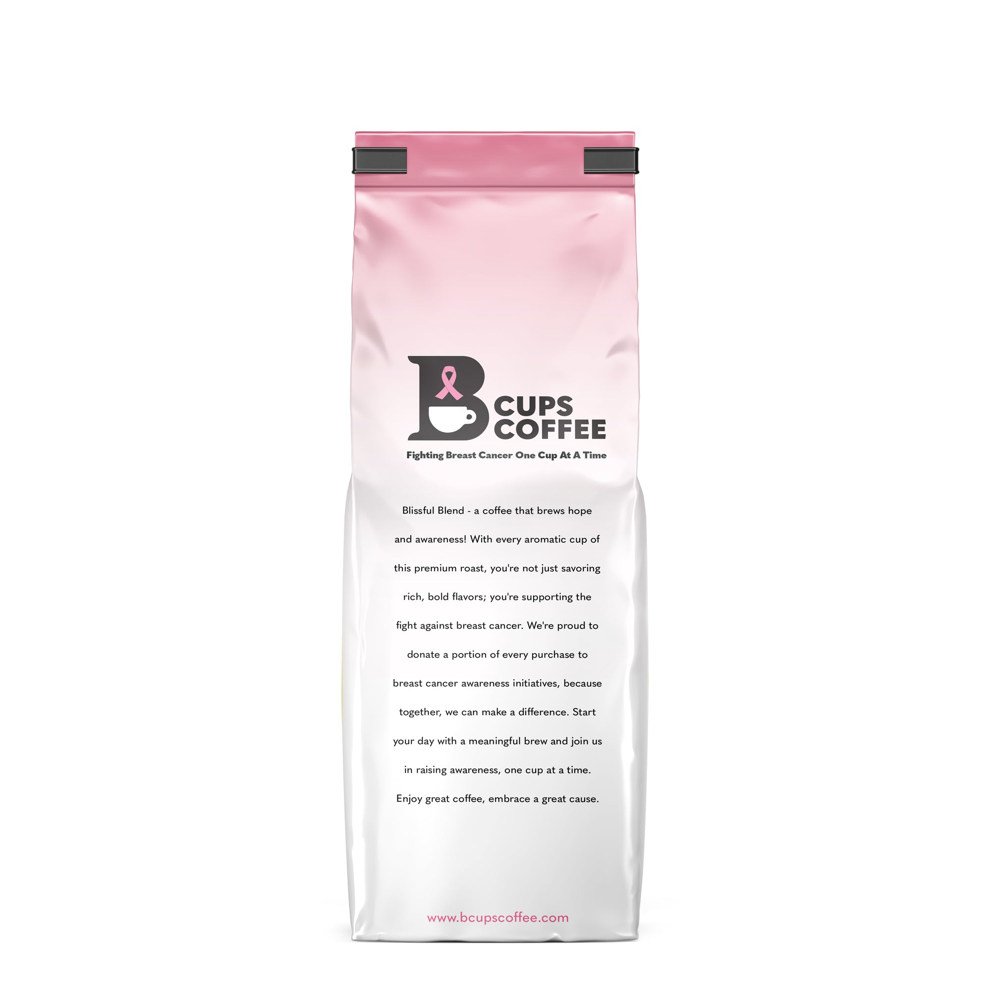 Back view of B-Cups Coffee Blissful Blend coffee bag with proceeds going to breast cancer awareness through the Susan G. Komen foundation