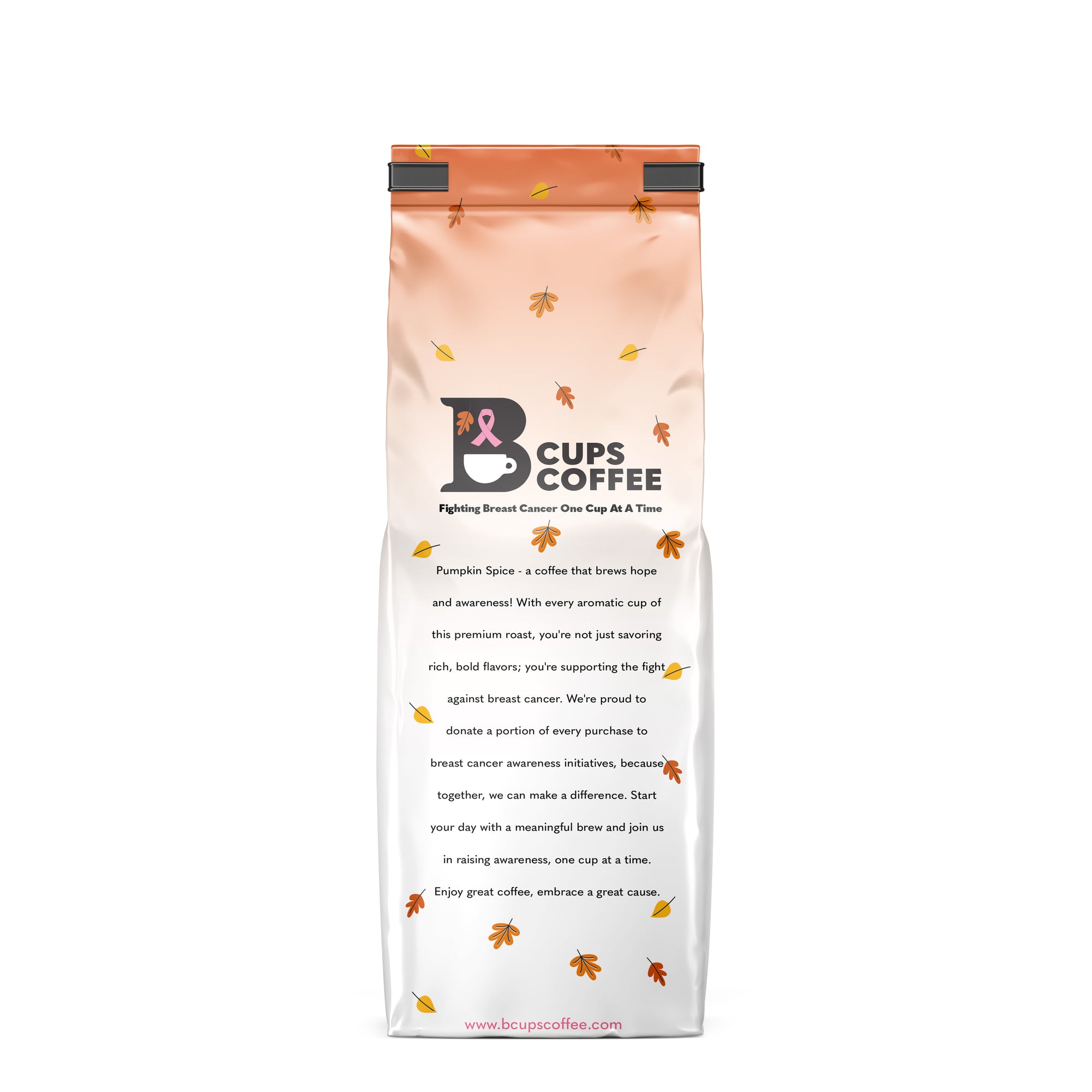 Back view of B-Cups Coffee Pumpkin Spice ground coffee bag with proceeds going to breast cancer awareness through the Susan G. Komen foundation