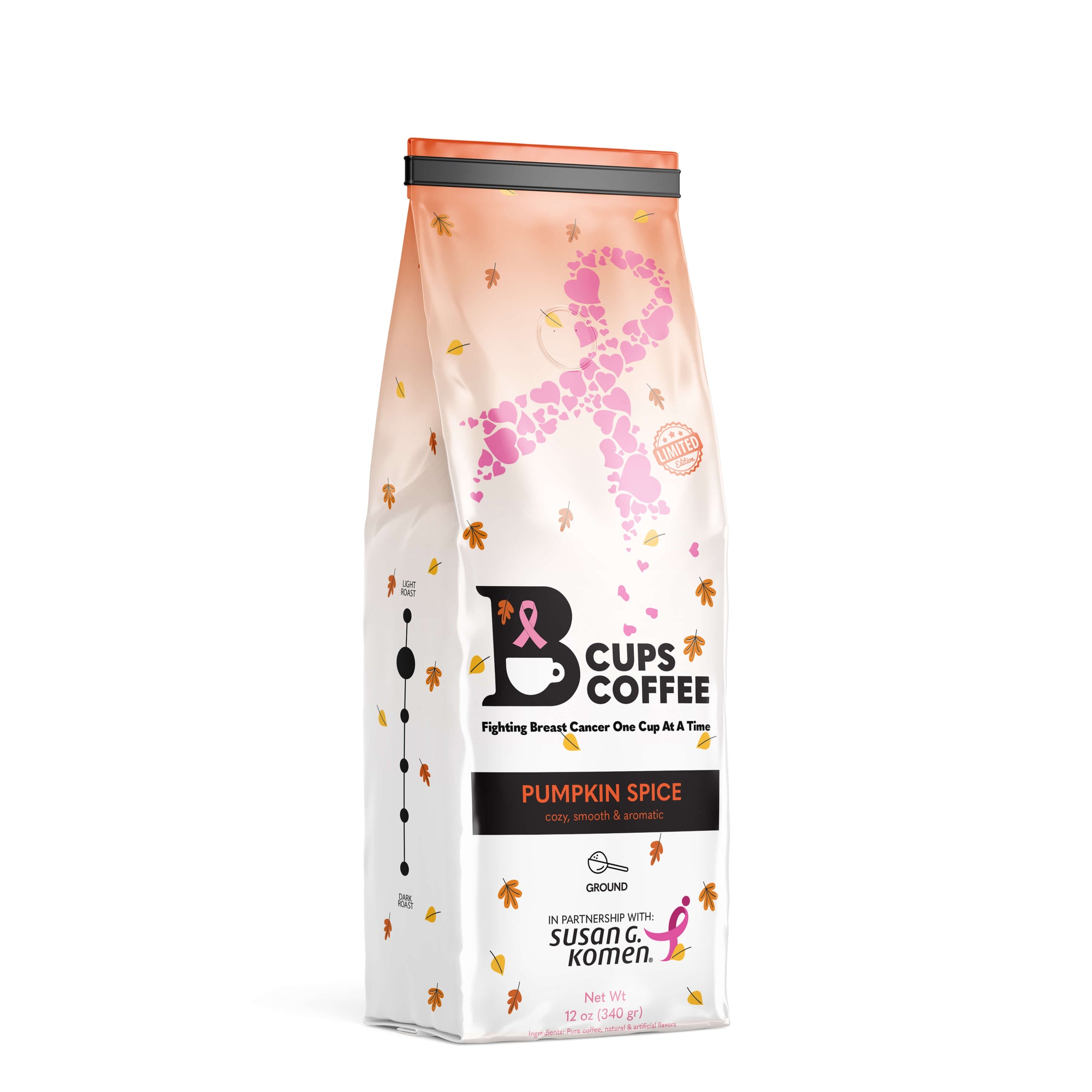 Front view of B-Cups Coffee Pumpkin Spice ground coffee bag with proceeds going to breast cancer awareness through the Susan G. Komen foundation