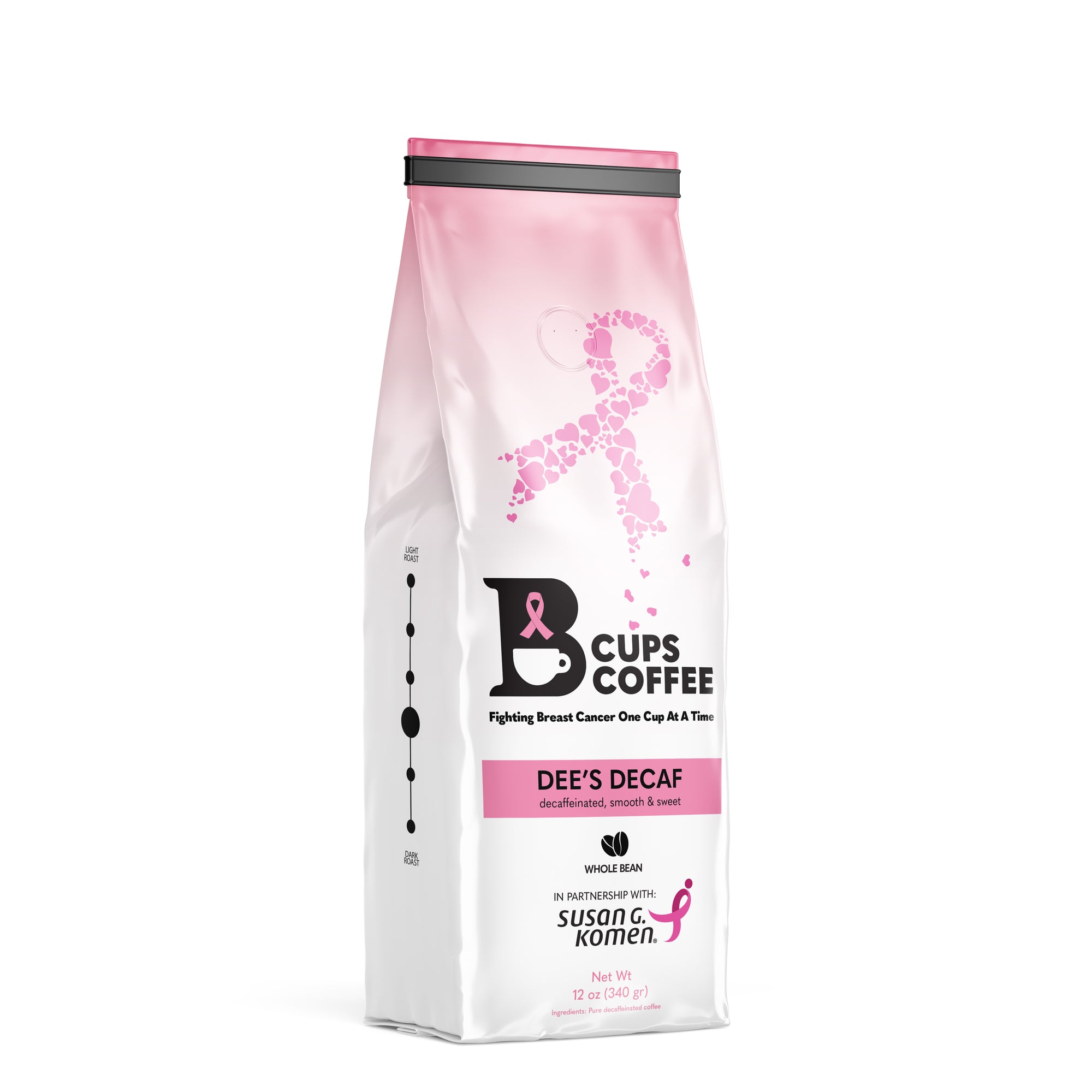 Front view of B-Cups Coffee Dee's Decaf whole bean coffee bag with proceeds going to breast cancer awareness through the Susan G. Komen foundation