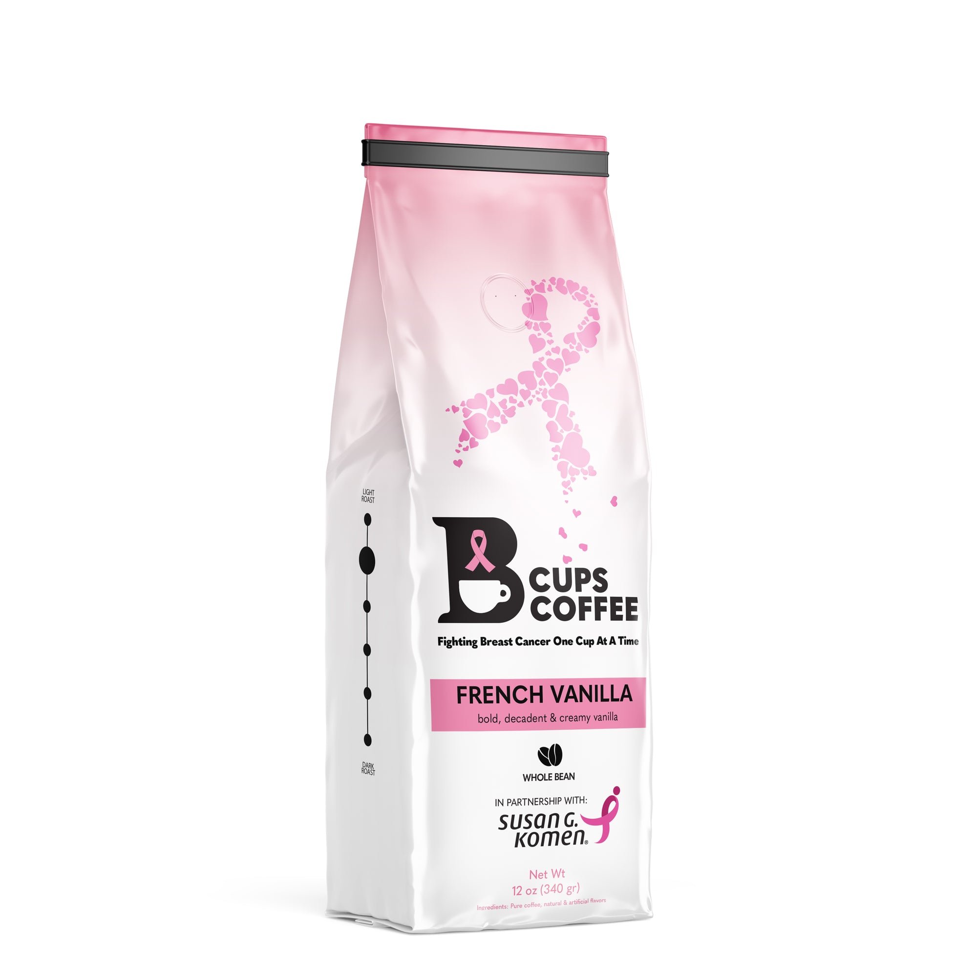 Front view of B-Cups Coffee French Vanilla whole bean coffee bag with proceeds going to breast cancer awareness through the Susan G. Komen foundation