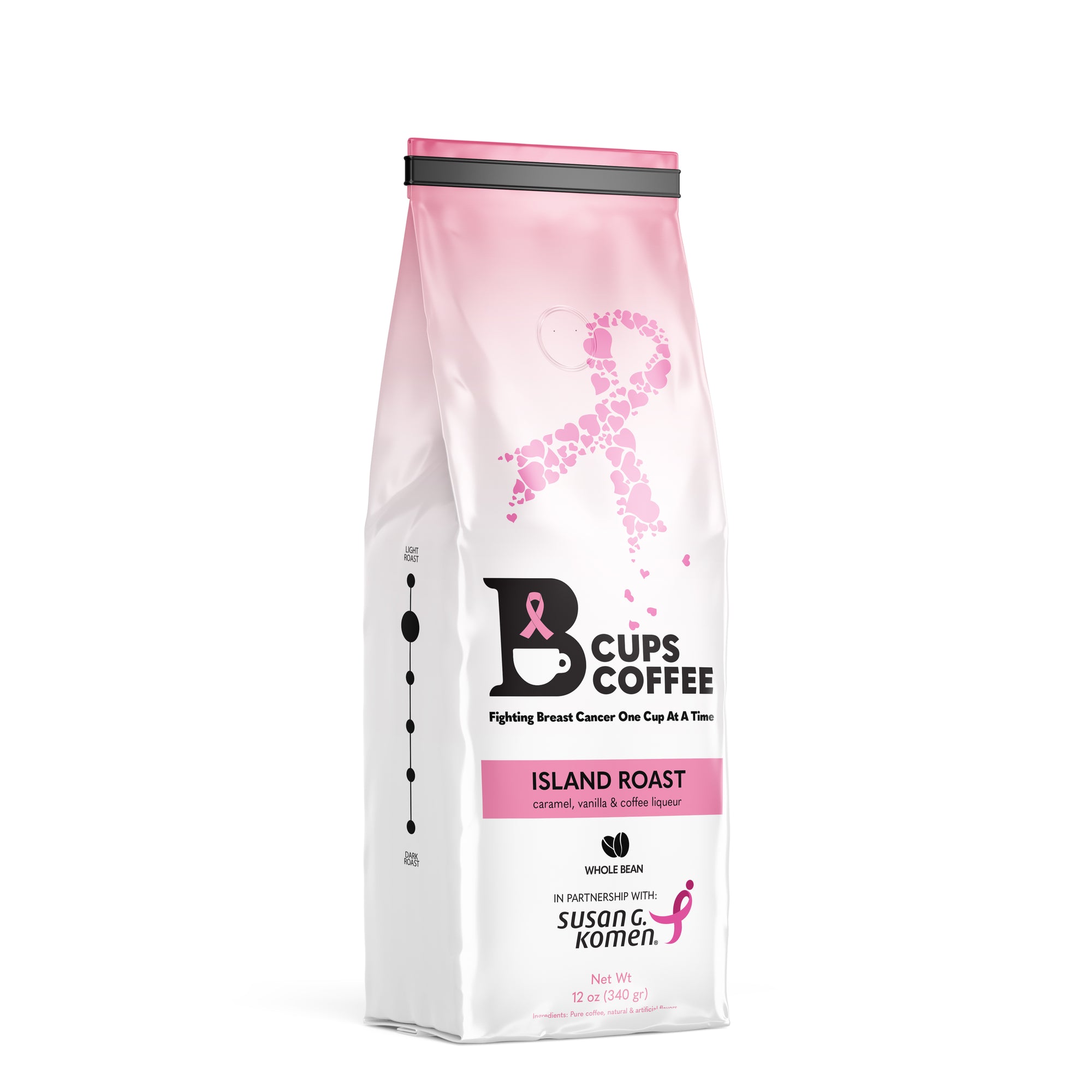 Front view of B-Cups Coffee Island Roast whole bean coffee bag with proceeds going to breast cancer awareness through the Susan G. Komen foundation