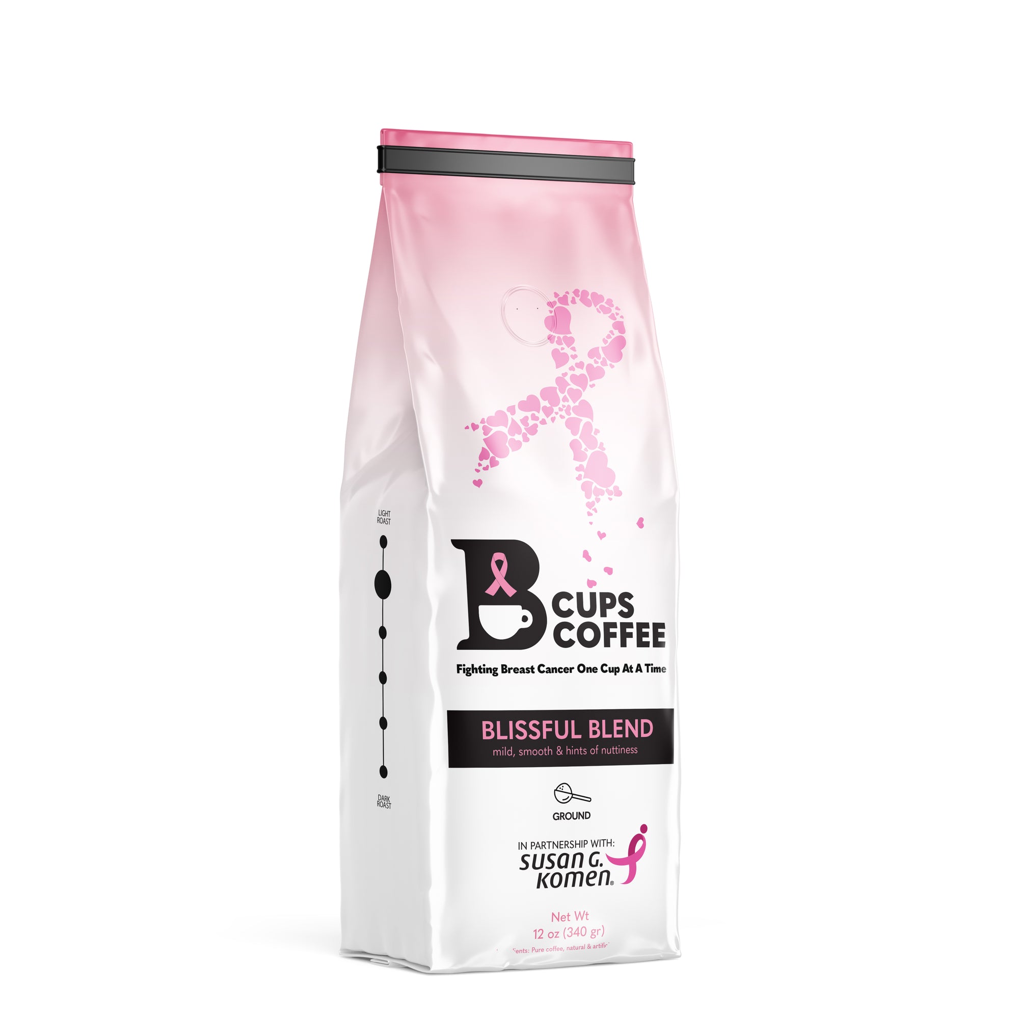 Front view of B-Cups Coffee Blissful Blend coffee bag with proceeds going to breast cancer awareness through the Susan G. Komen foundation