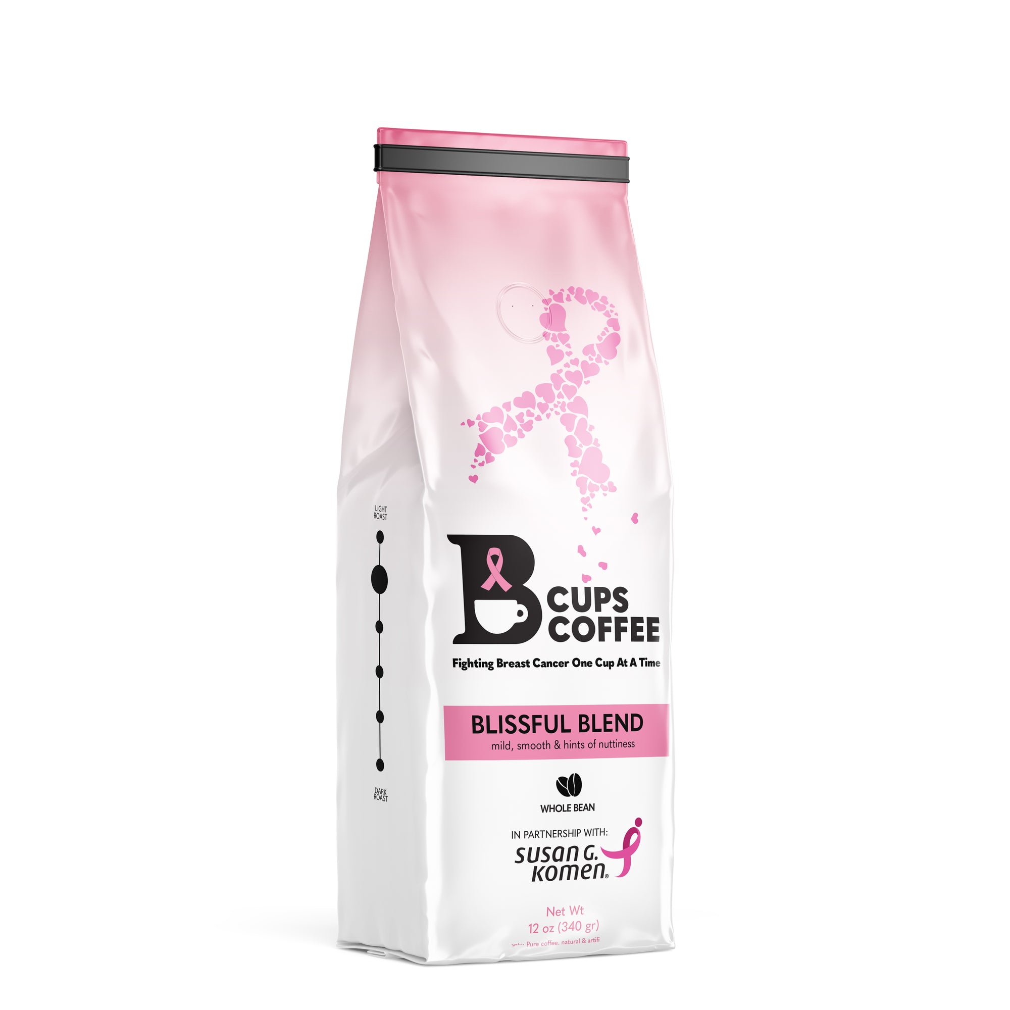 Front view of B-Cups Coffee Blissful Blend coffee bag with proceeds going to breast cancer awareness through the Susan G. Komen foundation