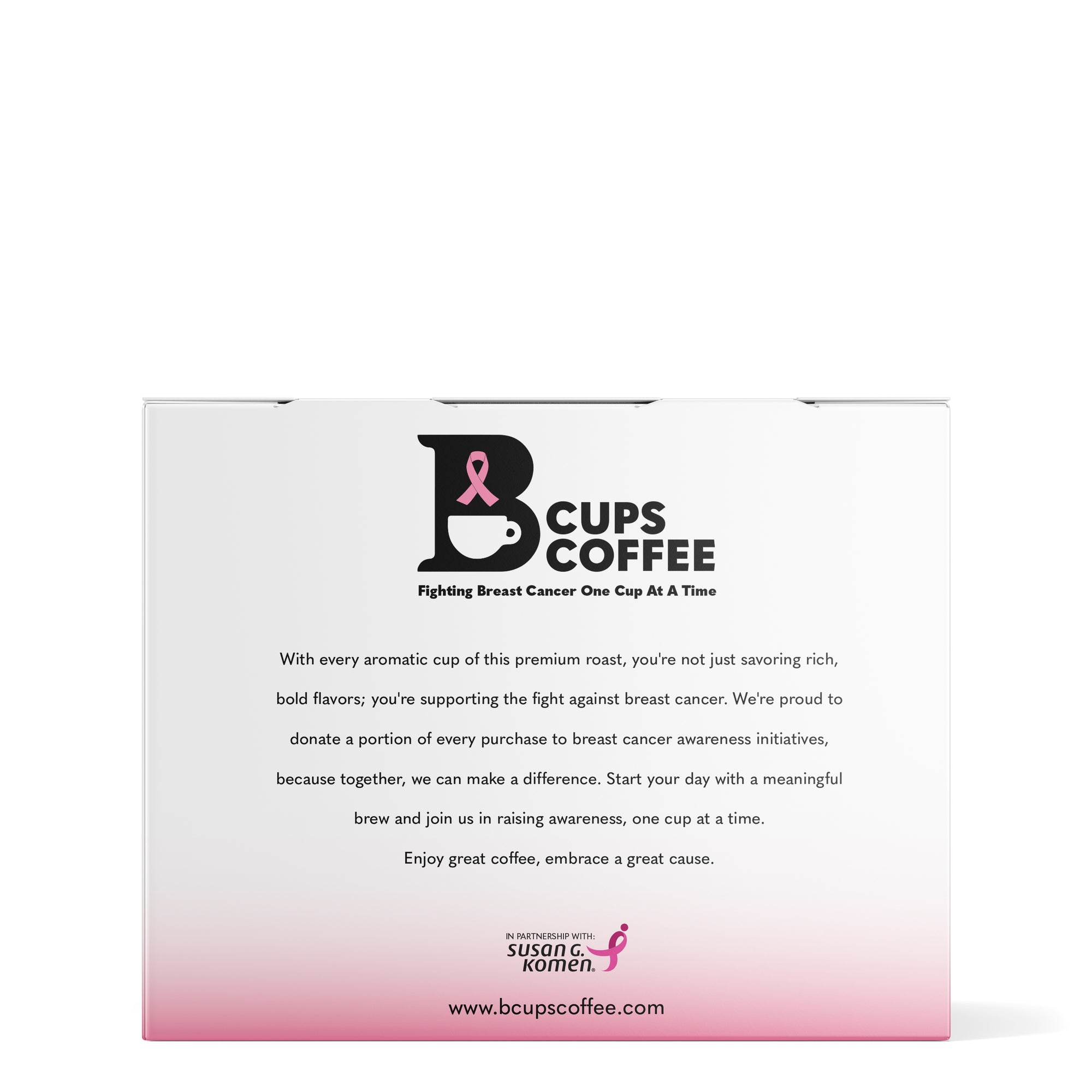 Side view of box of B-Cups Coffee K-Cup pods in Pink Ribbon Blend flavour, with proceeds going to breast cancer awareness through the Susan G. Komen foundation