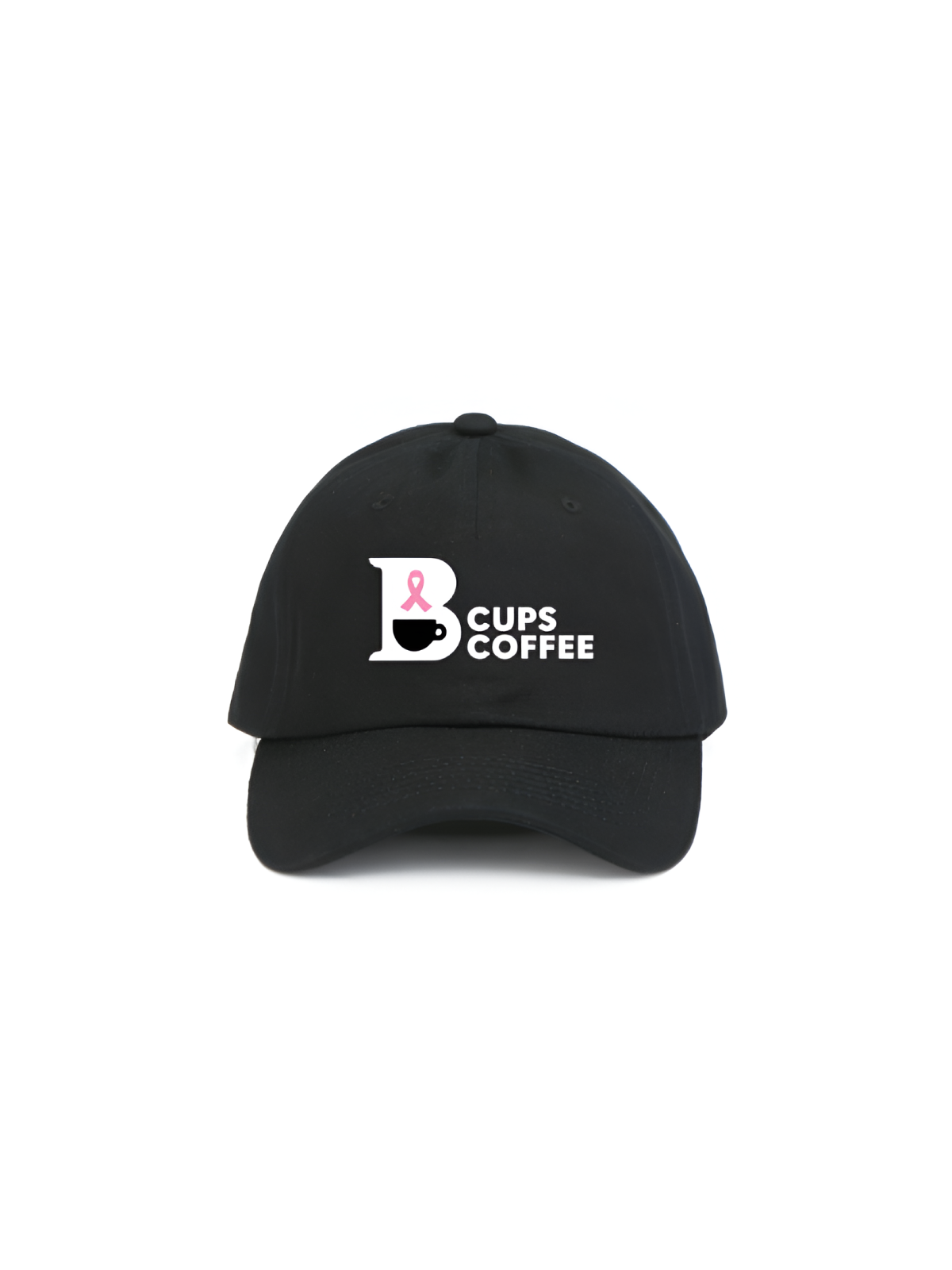 Front view of black B-Cups Coffee logo hat with proceeds going to breast cancer awareness