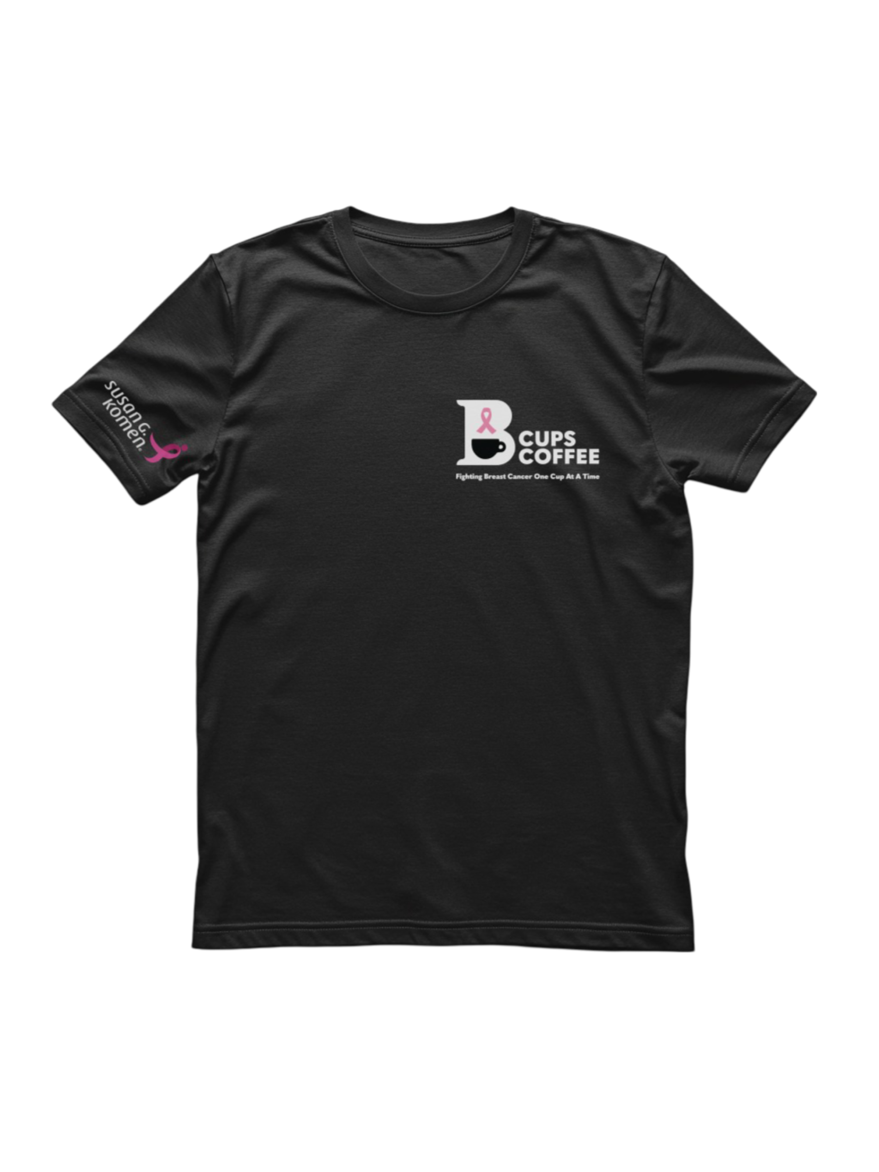 Front view of black logo B-Cups Coffee t-shirt with proceeds of sales going towards breast cancer awareness through the Susan G. Komen foundation