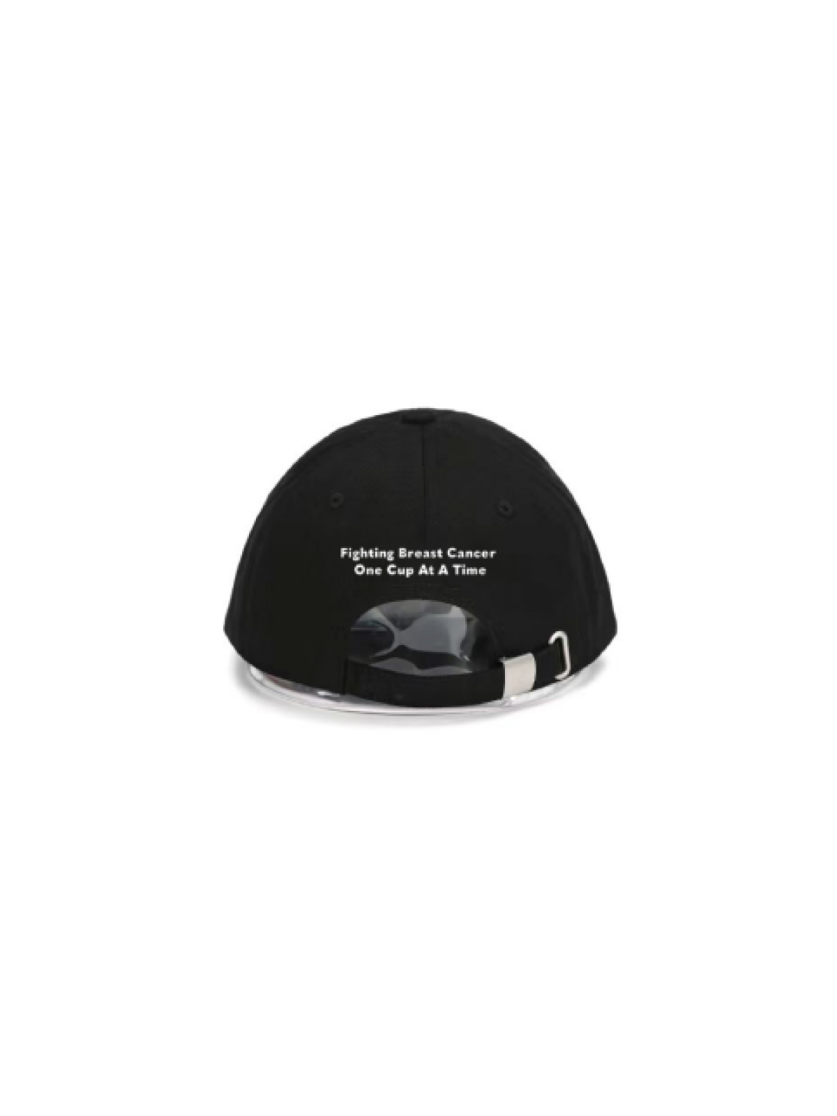 Back view of black B-Cups Coffee logo hat with tagline "Fighting Breast Cancer One Cup at a Time." Proceeds from sales of the hat go towards breast cancer awareness