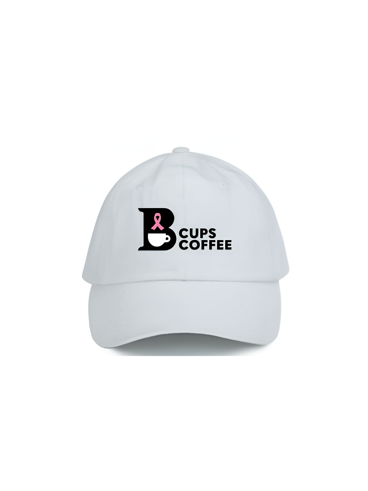 Front view of white B-Cups Coffee logo hat with proceeds going to breast cancer awareness