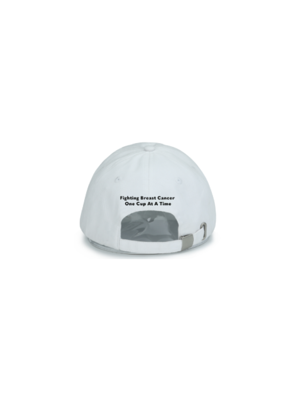 Back view of white B-Cups Coffee logo hat with tagline "Fighting Breast Cancer One Cup at a Time." Proceeds from sales of the hat go towards breast cancer awareness