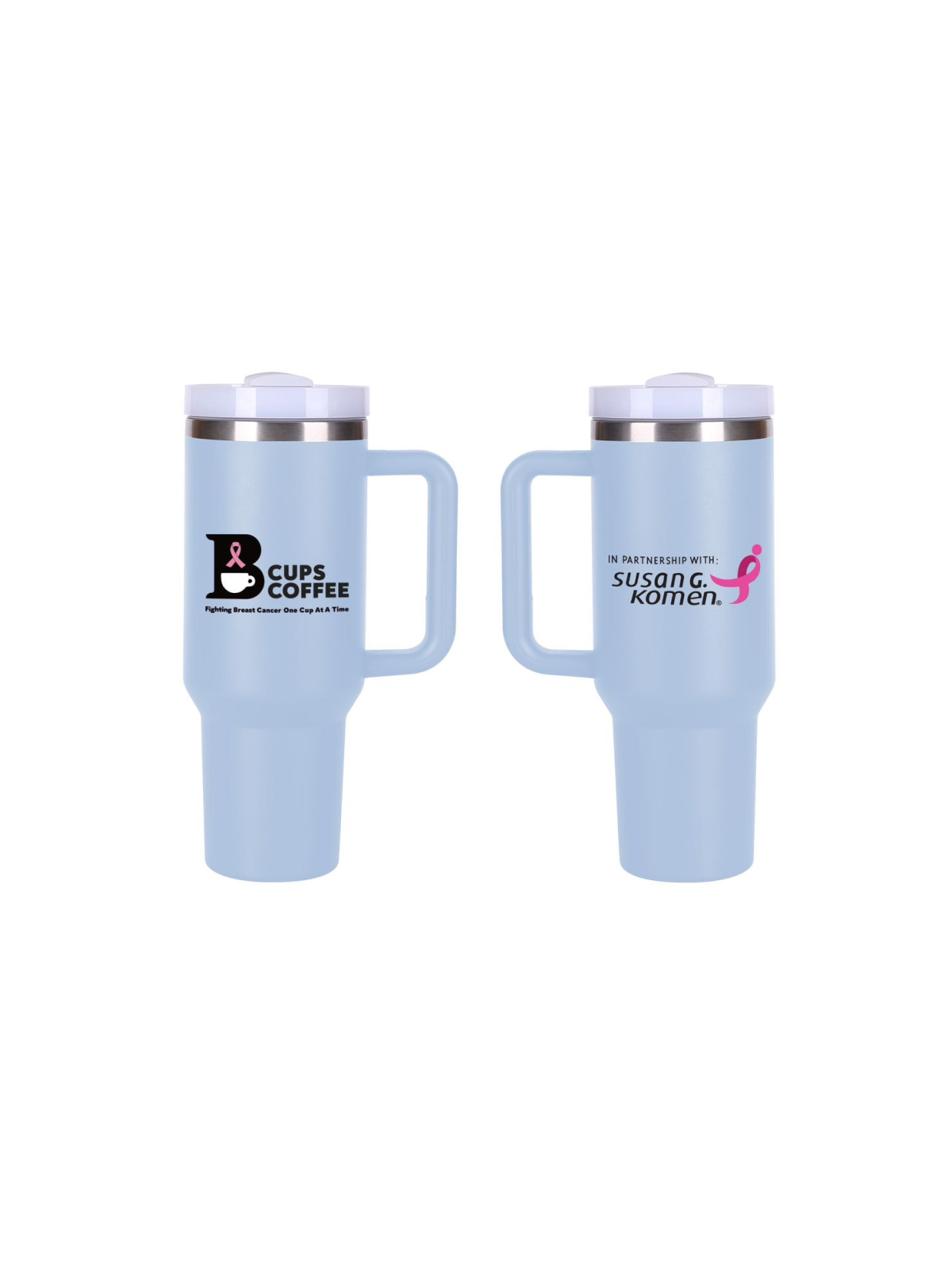 Blue B-Cups Coffee logo tumbler with proceeds of sales going towards breast cancer awareness through Susan G. Komen foundation