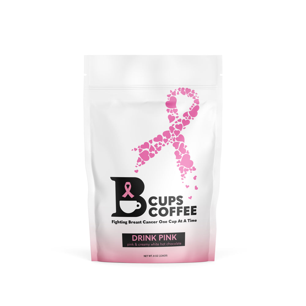 Front view of B-Cups Coffee Drink Pink pink & creamy white hot chocolate bag with proceeds going to breast cancer awareness through the Susan G. Komen foundation