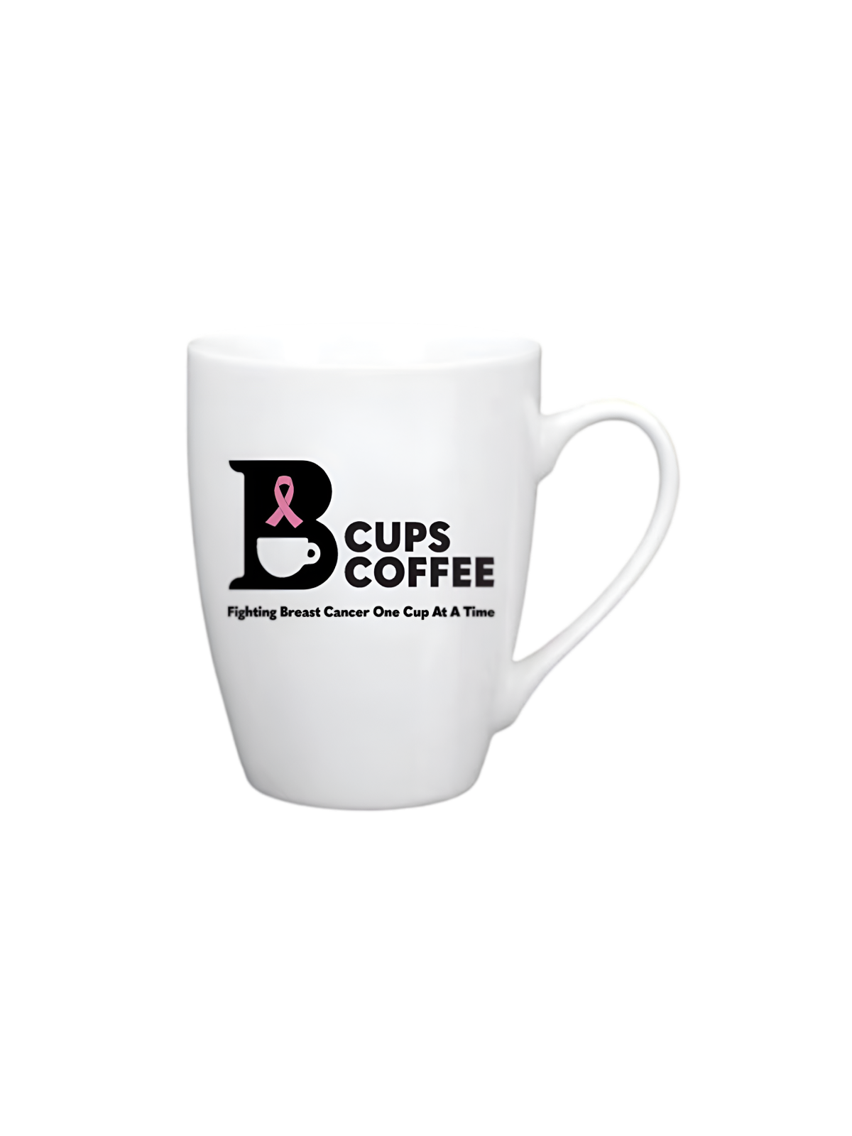 Front view of a white B-Cups Coffee logo mug with proceeds of sales going towards breast cancer awareness through the Susan G. Komen Foundation