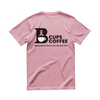Back view of pink logo B-Cups Coffee t-shirt with proceeds of sales going towards breast cancer awareness through the Susan G. Komen foundation