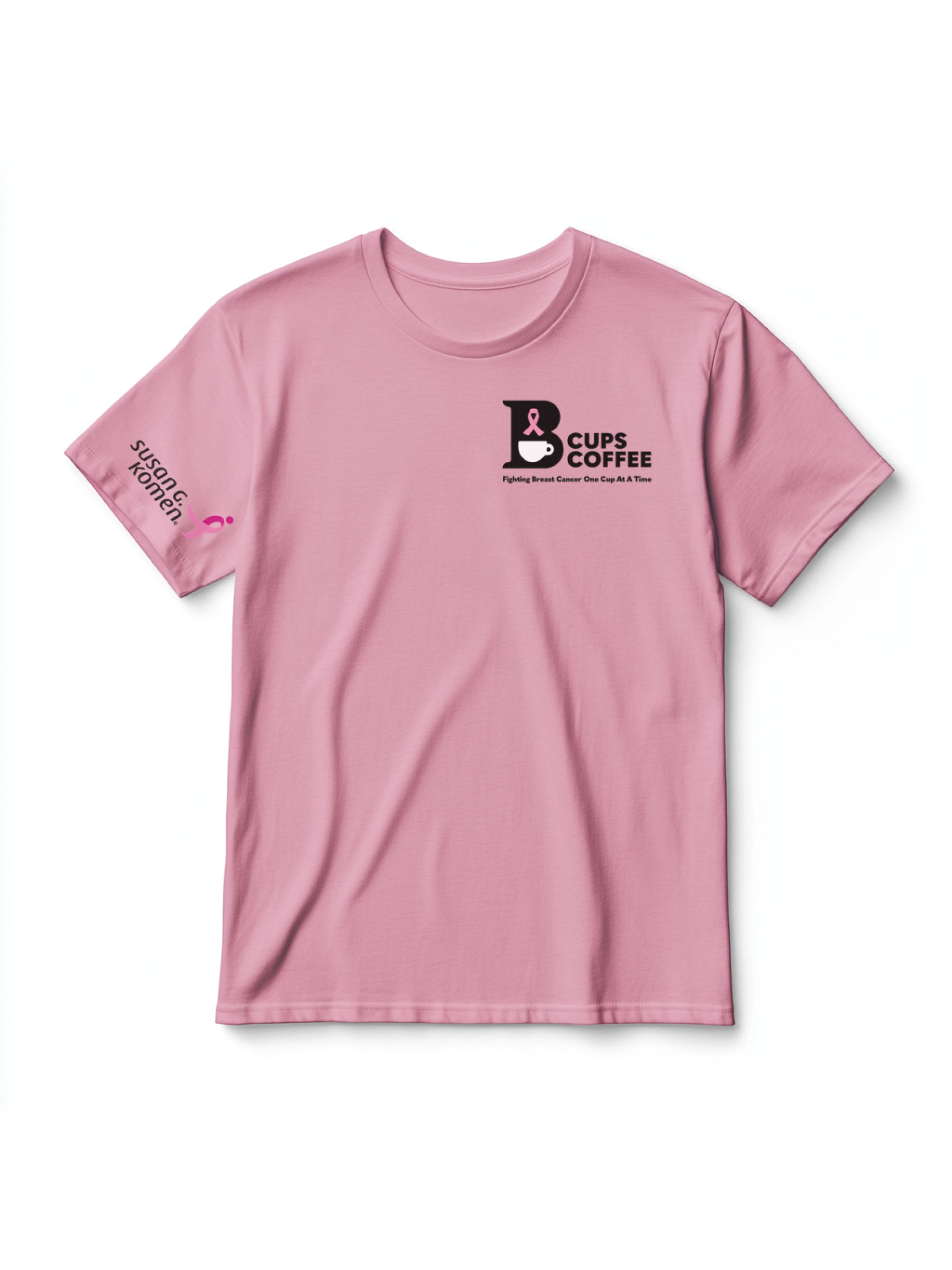 Front view of pink logo B-Cups Coffee t-shirt with proceeds of sales going towards breast cancer awareness through the Susan G. Komen foundation