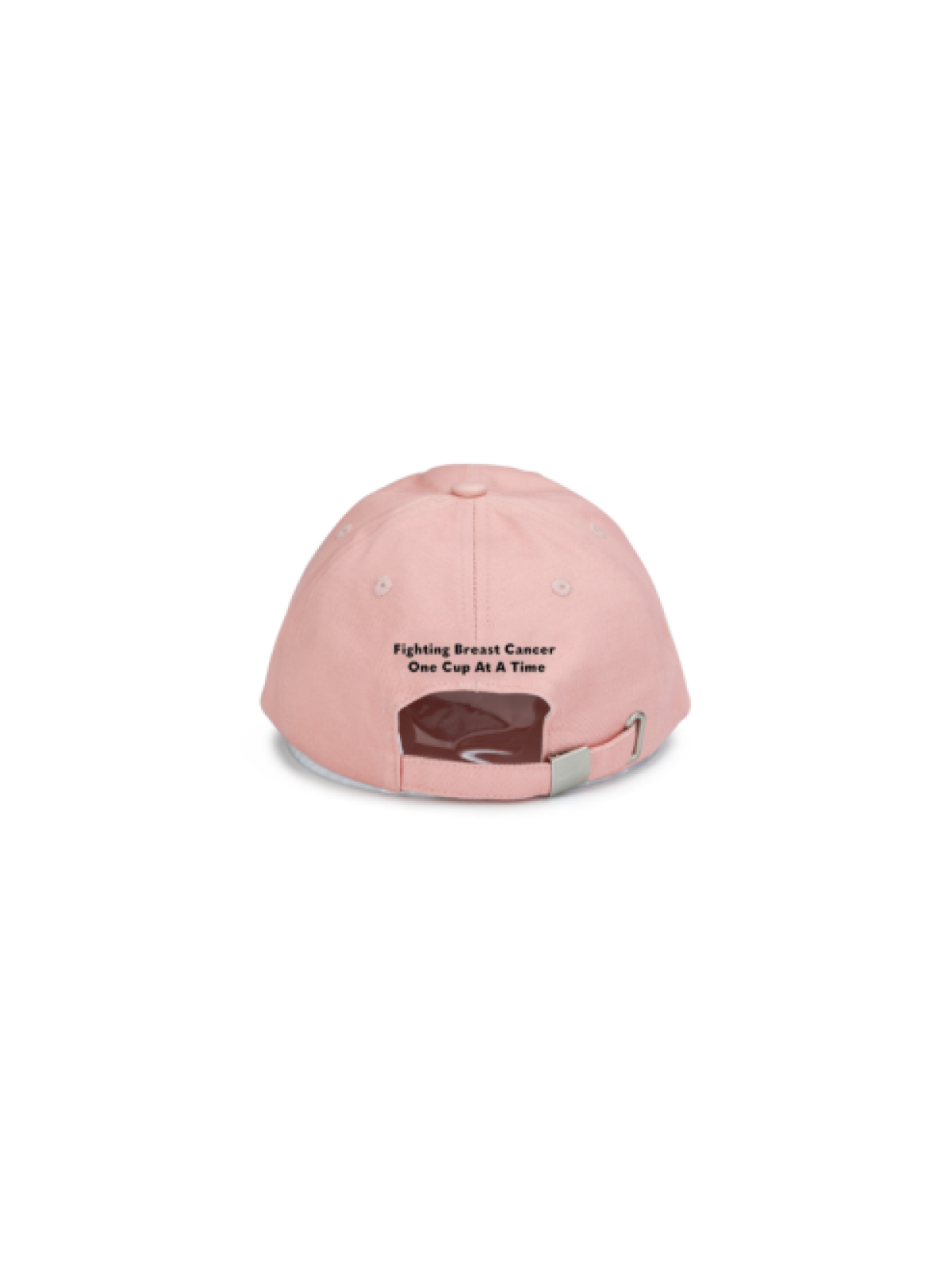 Back view of pink B-Cups Coffee logo hat with tagline "Fighting Breast Cancer One Cup at a Time." Proceeds from sales of the hat go towards breast cancer awareness