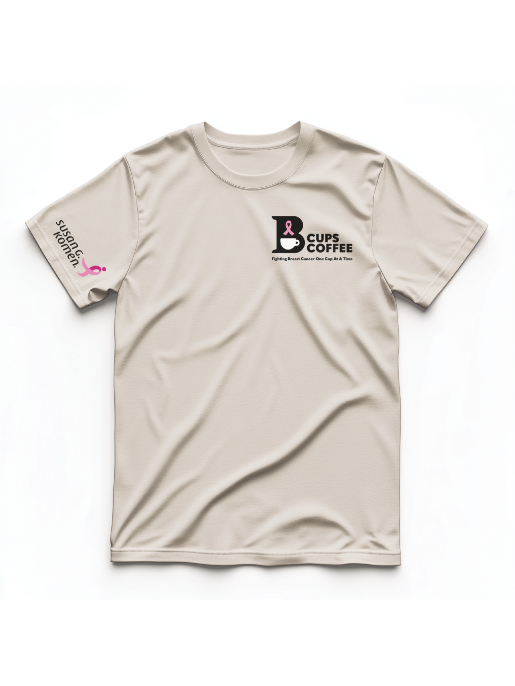 Front view of tan logo B-Cups Coffee t-shirt with proceeds of sales going towards breast cancer awareness through the Susan G. Komen foundation