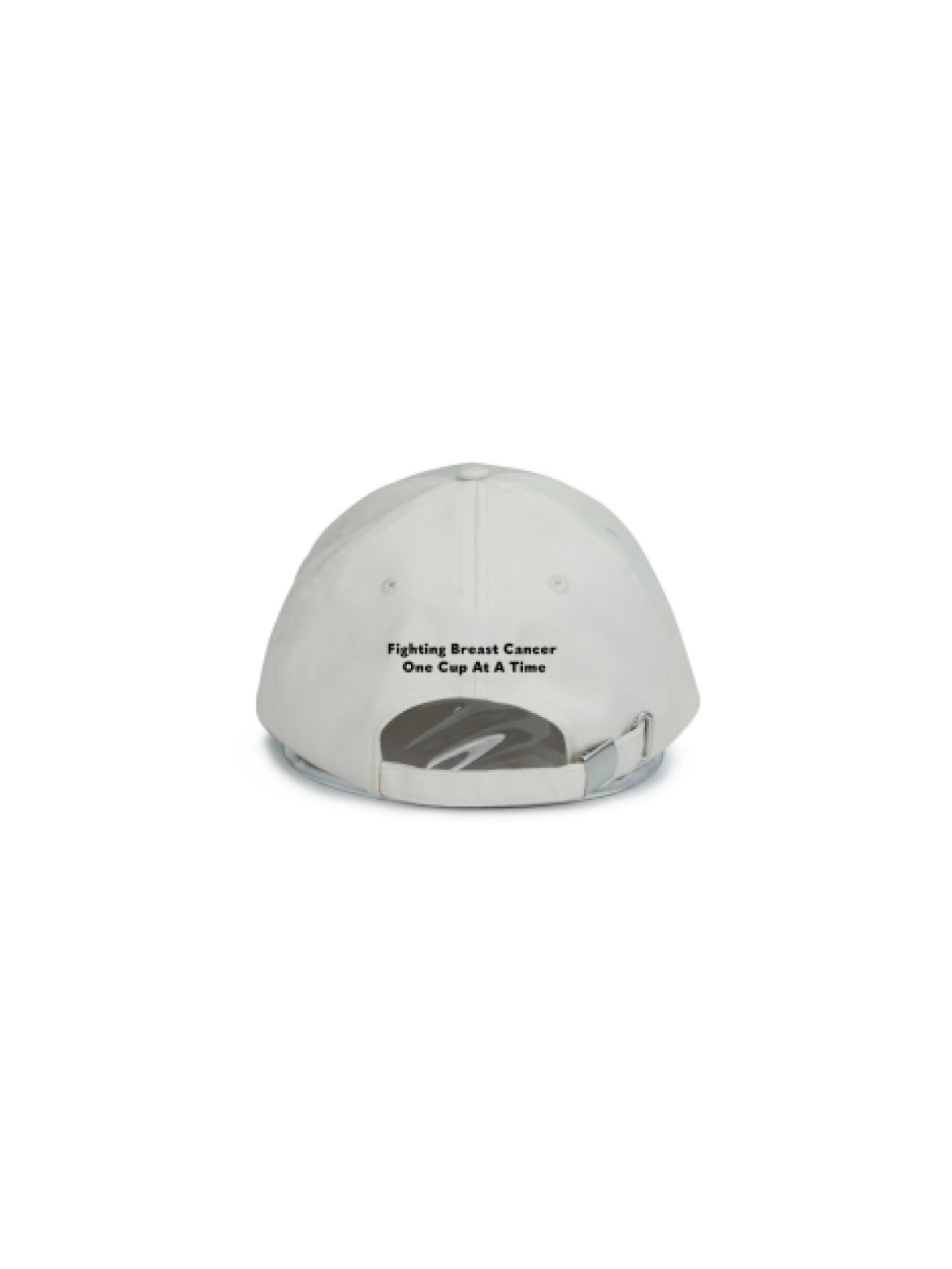 Back view of tan B-Cups Coffee logo hat with tagline "Fighting Breast Cancer One Cup at a Time." Proceeds from sales of the hat go towards breast cancer awareness
