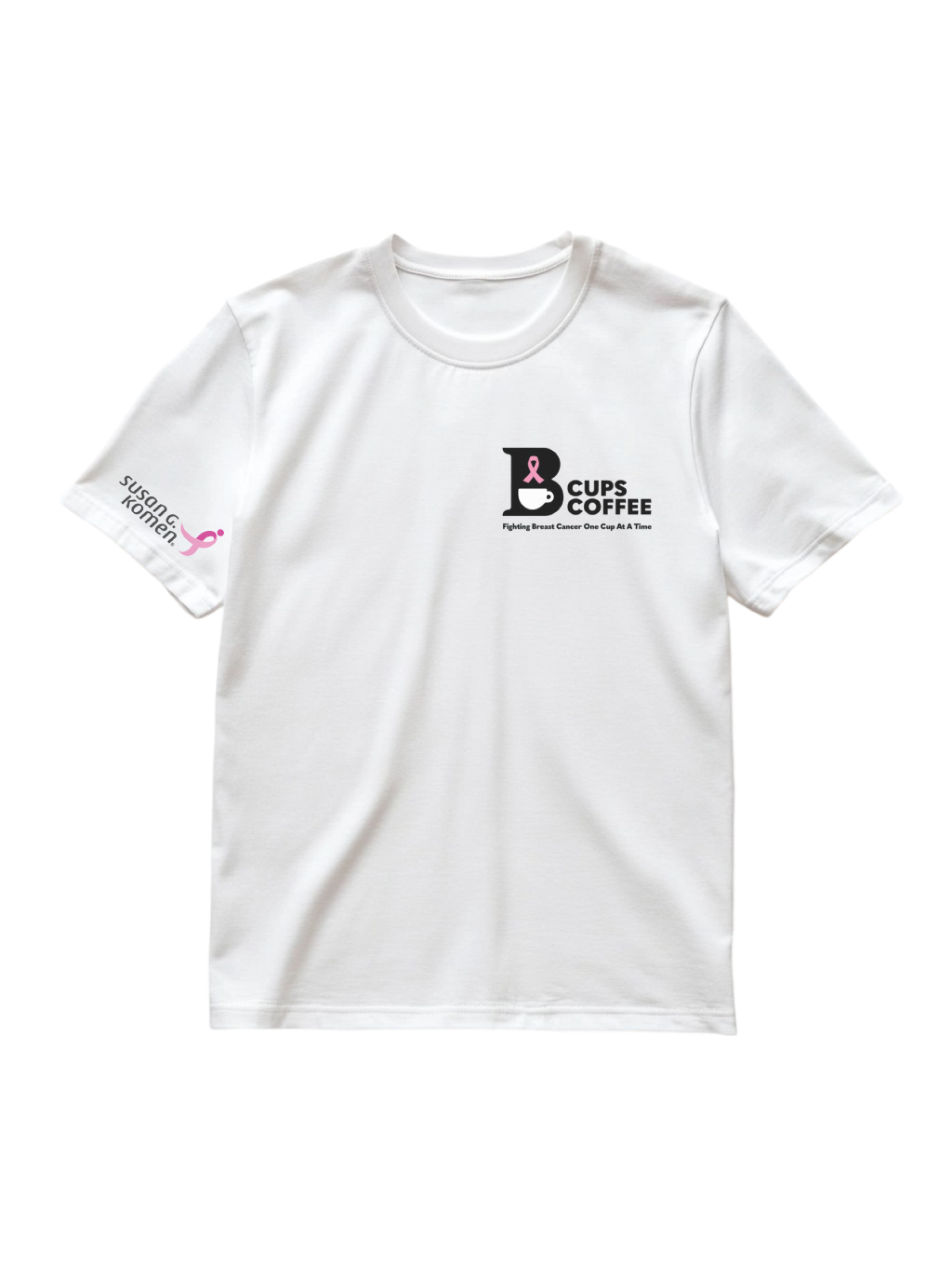 Front view of white logo B-Cups Coffee t-shirt with proceeds of sales going towards breast cancer awareness through the Susan G. Komen foundation